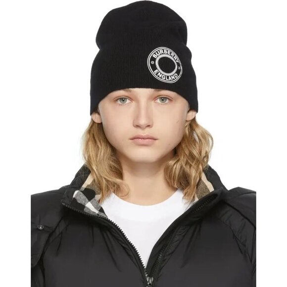 Burberry BB Roundel Logo Graphic Cashmere Blend Beanie Black - Picture 10 of 10